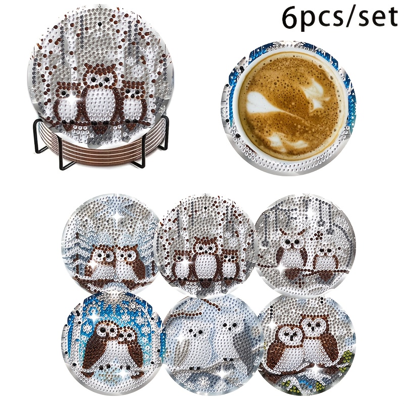 TEMU 6pcs 10x10cm/3.94x3.94inch Owl Diamond Painting Coaster Set, Diy Owl Diamond Painting Coaster, With Stand, Beginner Craft Supplies, Gift, Best