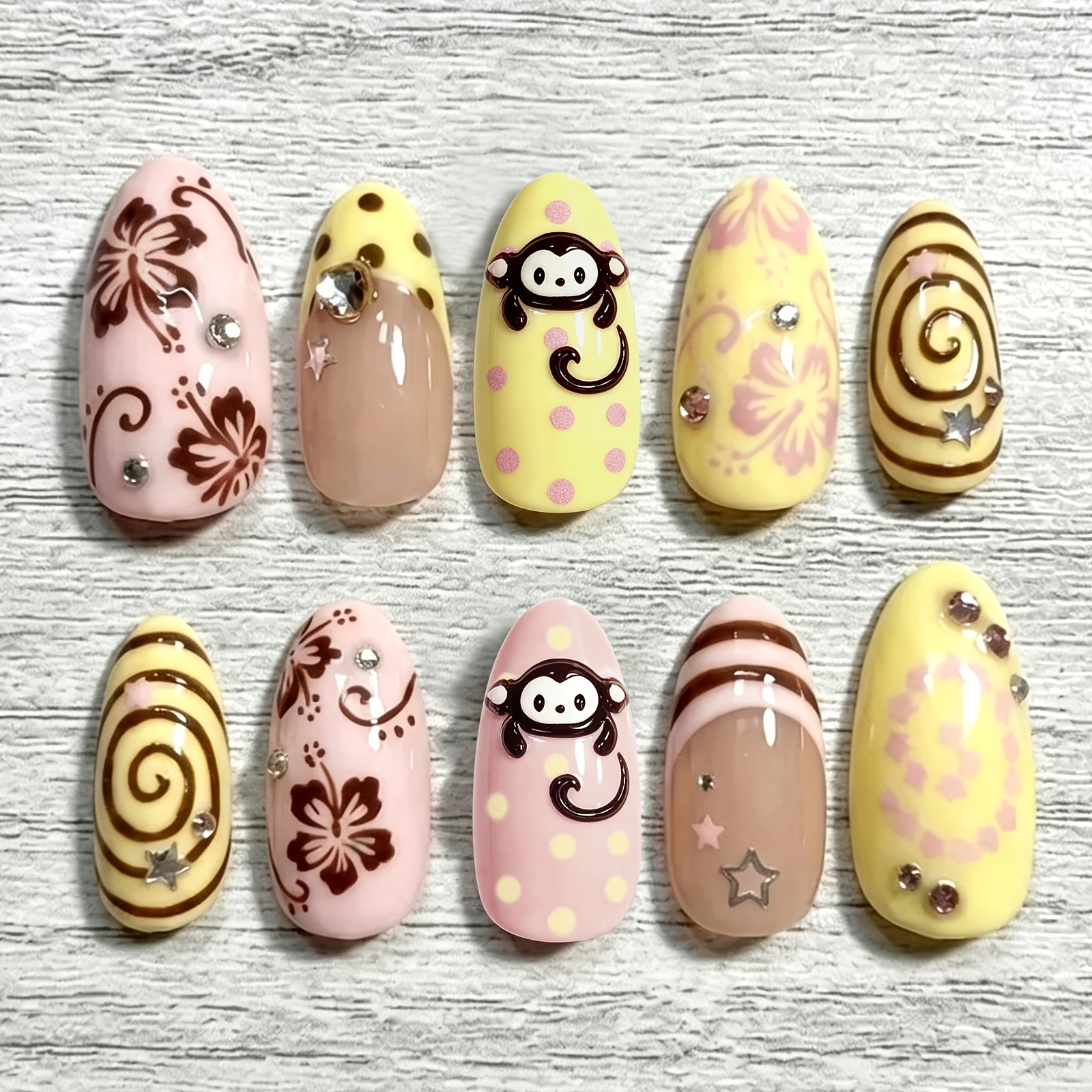TEMU Set van 10 handgemaakte amandelvormige druk-op-nagels met een roze en gele Franse stijl puntontwerp. De nagels hebben een nude-roze basis met