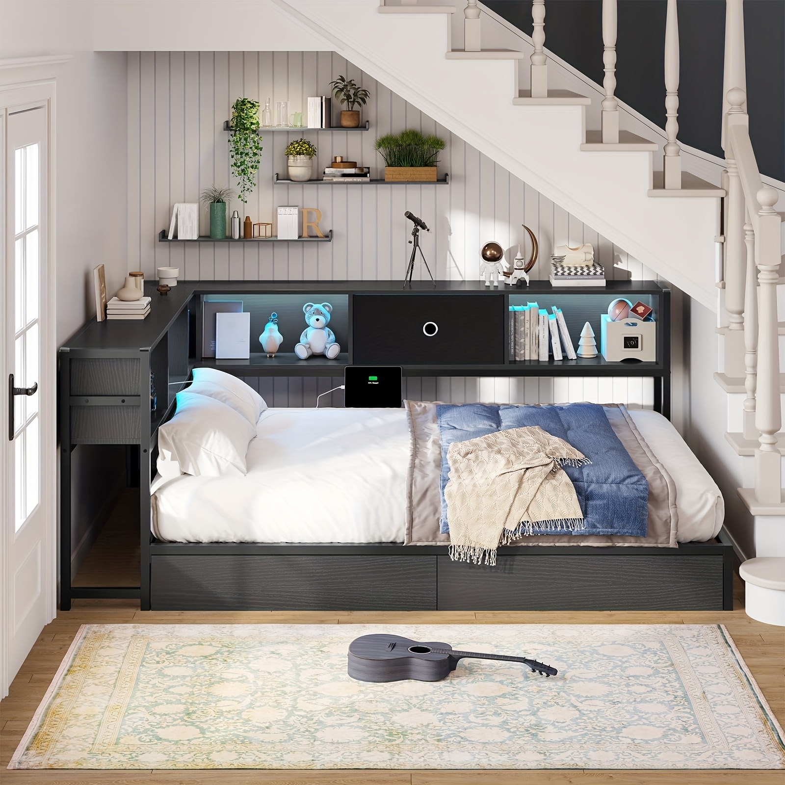 Full Bed Frame Corner Bed with Storage Bookcase And 2 Drawers with Charging Station, Bed with Armrests And Backrest, Suitable for Small Space, Black