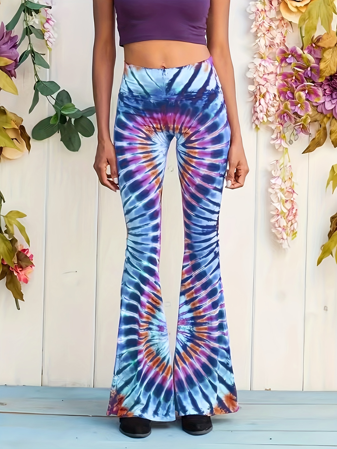 Women's High-Stretch Geometric Print Flared Pants Vibrant Purple Blue  Tie-Dye Pattern Casual to Dressy Machine-Washable Trousers