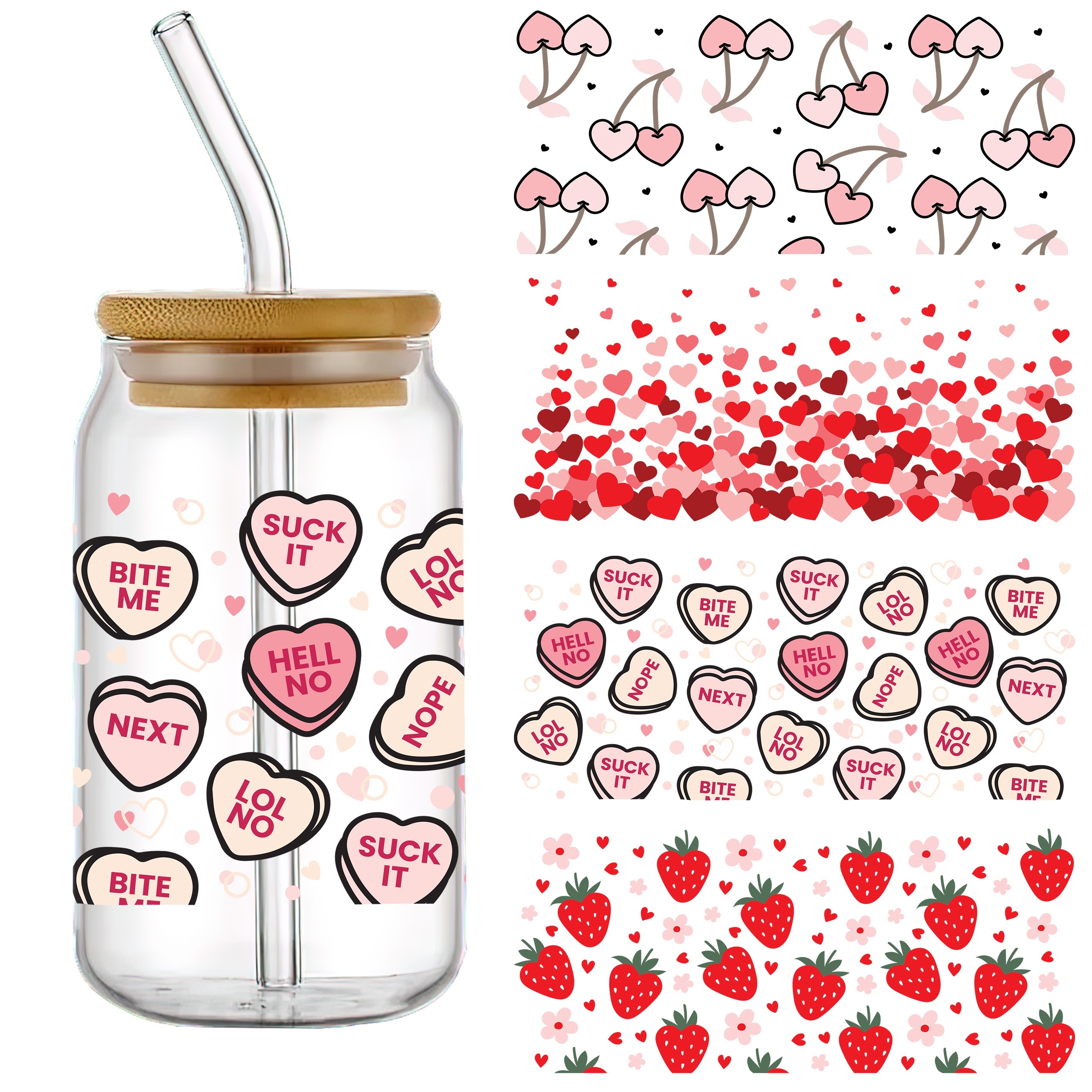 

4-pack Valentine's Heart & Strawberry Themed Waterproof 3d , Self-adhesive -resistant Uv Dtf Decals For Tumblers & Bottles - High-quality Plastic Cup Wraps