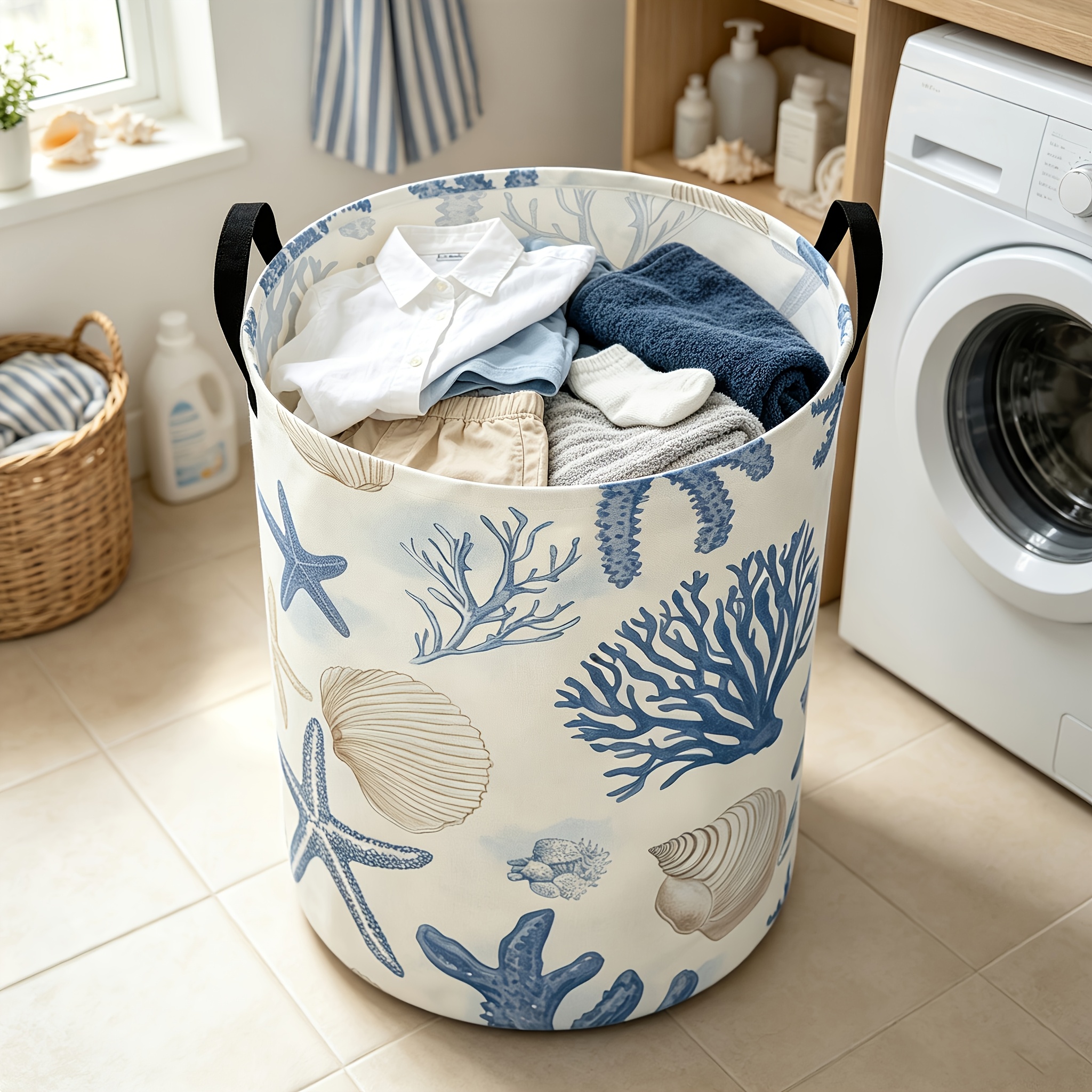 TEMU 1pc Retro Starfish Laundry Basket - Foldable Portable Clothes Hamper With Carry Handle, Nautical-themed Round Storage Basket Suitable For