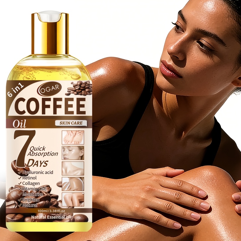 Ulei de îngrijire corporală cu cafea 6-în-1, bogat în ulei de cafea, retinol, colagen, vitamina C, vitamina E și alte nutrienți, bucură-te de masaj stil spa acasă, hidratare profundă, fermitate, luminozitate, potrivit pentru toate tipurile de piele, convenabil pentru acasă și călătorii