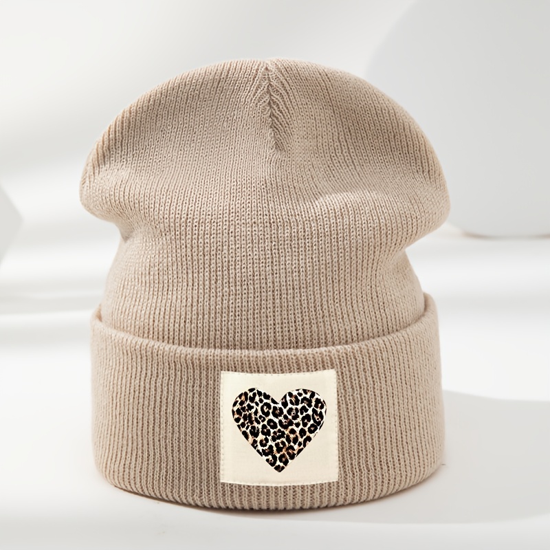 TEMU Outdoor Men's Autumn Winter Leopard Print Heart Patch Decor Warm Hat, Unisex Outdoor Warm Casual Brimless Cap, Fashion Versatile Ski Hat Riding