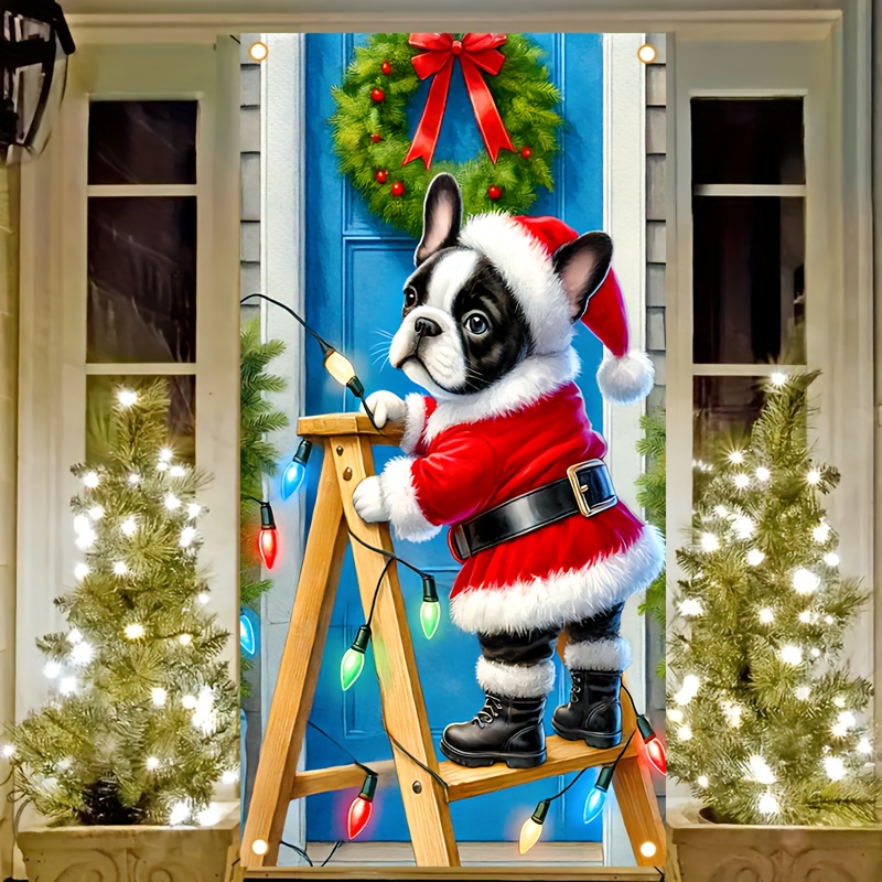 

Festive French Bulldog Christmas Door Cover - Durable Polyester, Indoor/outdoor Holiday Decor, 35.43 X 70.86 Inches