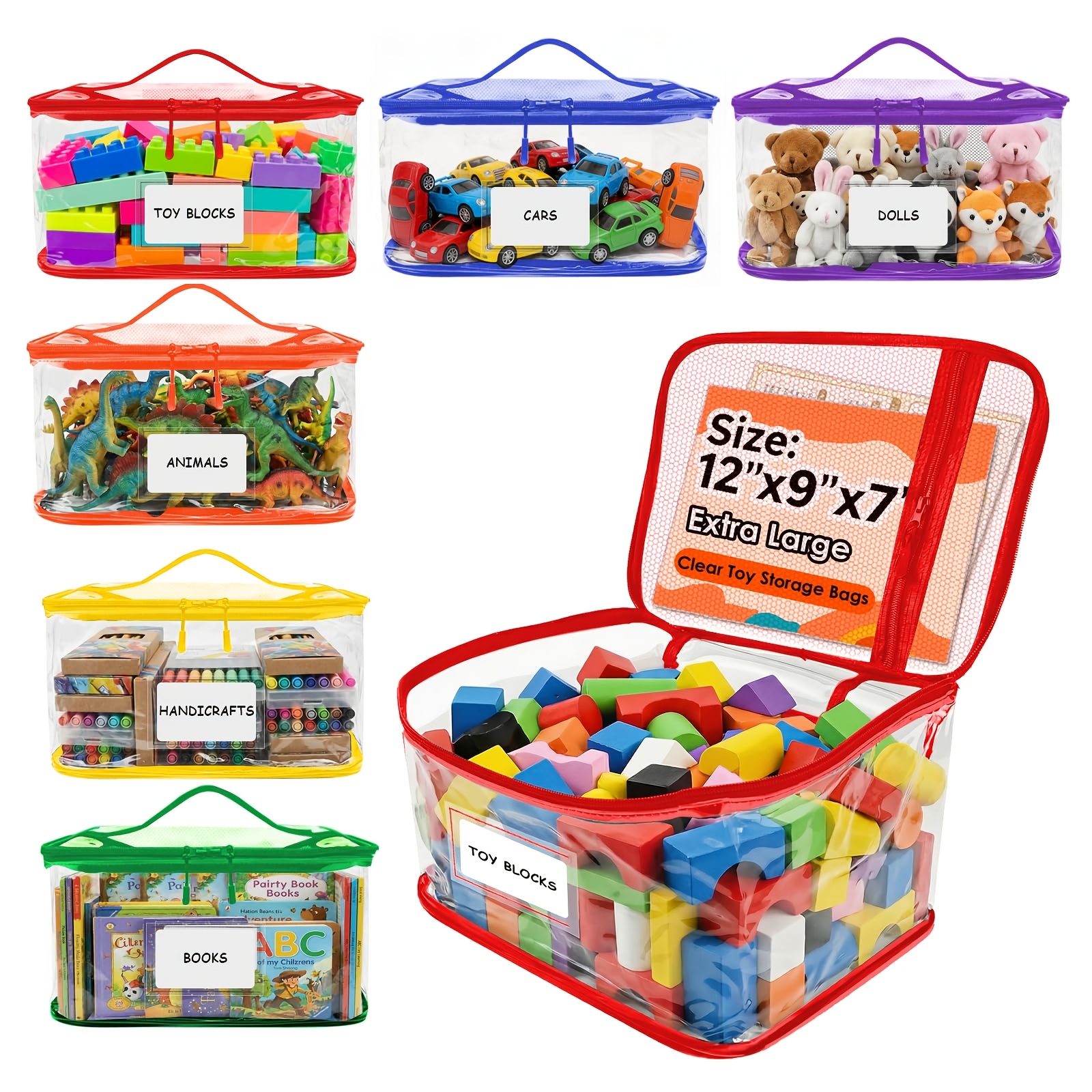 TEMU 6pcs Extra Large Clear Storage Bags With Name Tags And Mesh Pocket, Pvc Organizer For, Board Games, Building Blocks, Puzzles, Dolls (colorful