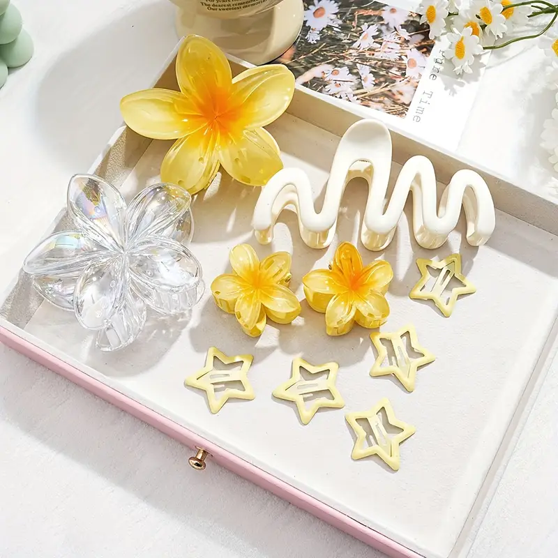6pcs transparent color hair clips three plumeria combination 6pcs set shark clip transparent color hair clips luxury headdress plumeria hair clips high ponytail clips Product details 4