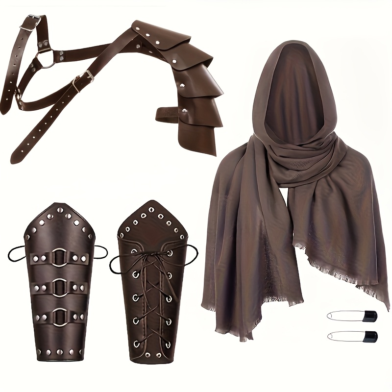 Image of 6pcs Medieval Knight Shoulder Armor Costume Accessories, Cloak, Pu Rivet Warrior Bracers Sca Props Suitable For Larp Halloween Role Playing Party, Historical Reenactment