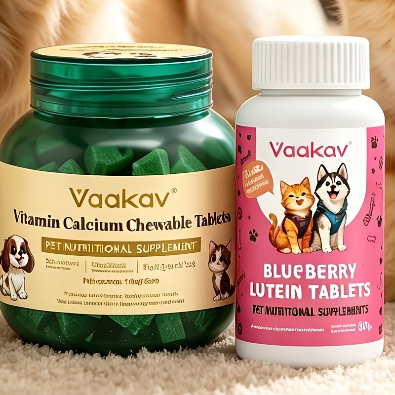 Image of Pet Dual Bottle Nutritional Supplement Tablets + Blueberry Lutein Supplement Strengthens Teeth And Bones Lutein Soothes Dry Eyes Tear Stains Protects Vision Universal For Large And Small Dogs And Cats