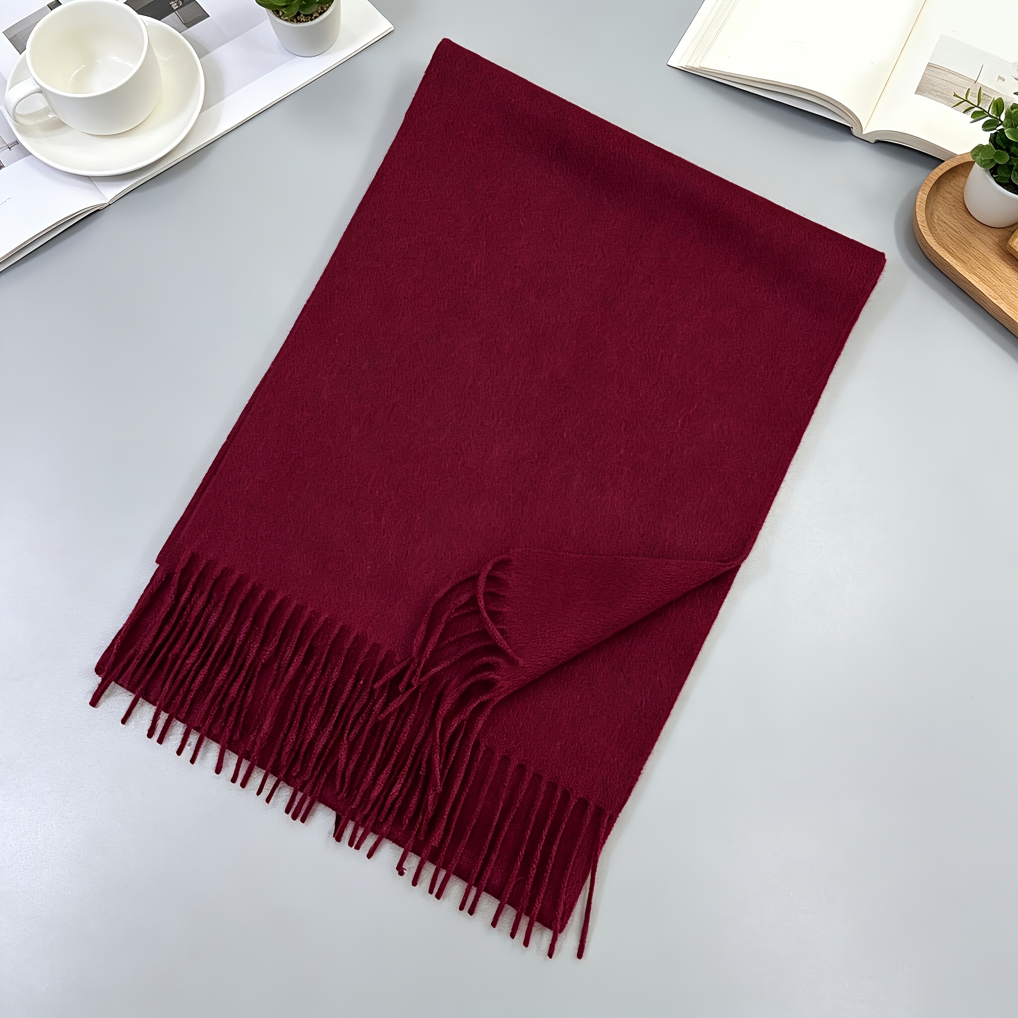 TEMU 1pc Women's Scarf, 100% Wool, Basic Solid Color With Tassels, Long Scarf For Autumn/winter Cold Protection, Versatile Neck Warmer, In Popular