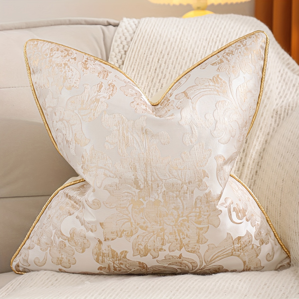 Image of 1pc Golden Abstract Geometric Decorative Pillow Cover - Traditional Style Luxury Polyester Cushion Case With Zipper Closure, Hand Wash Living Room Sofa & Home Decor