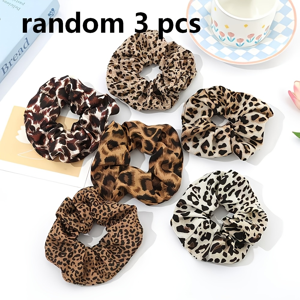 TEMU 3pcs Random Style Vintage Leopard Print Fabric Scrunchie Set, Combination, Classic Animal Print Pleated Fabric Hair Tie, Lazy Style Hair Tie For