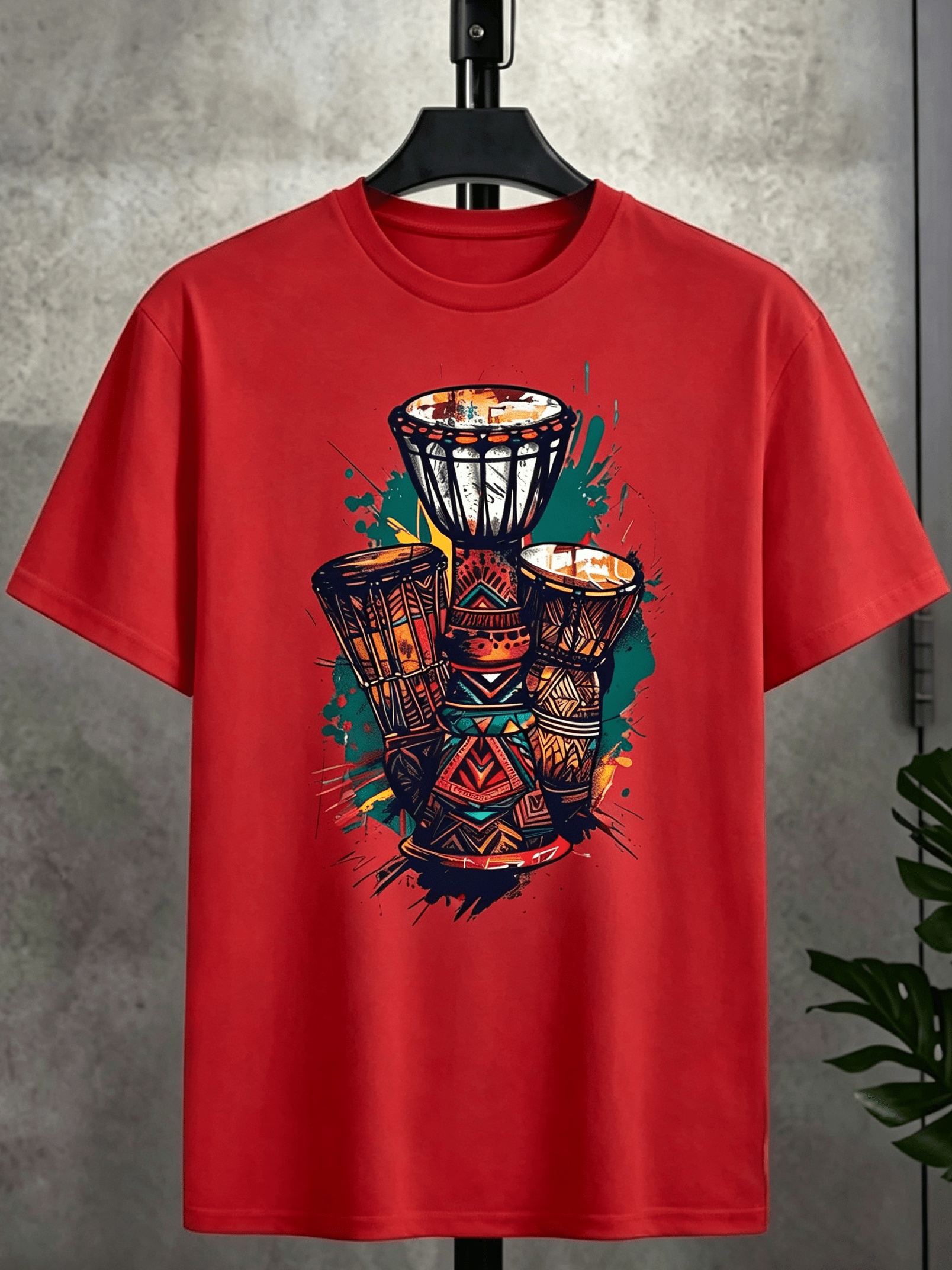 T-Shirt de Manga Curta Estilo Étnico Africano com Estampa 2D de Tambor 3