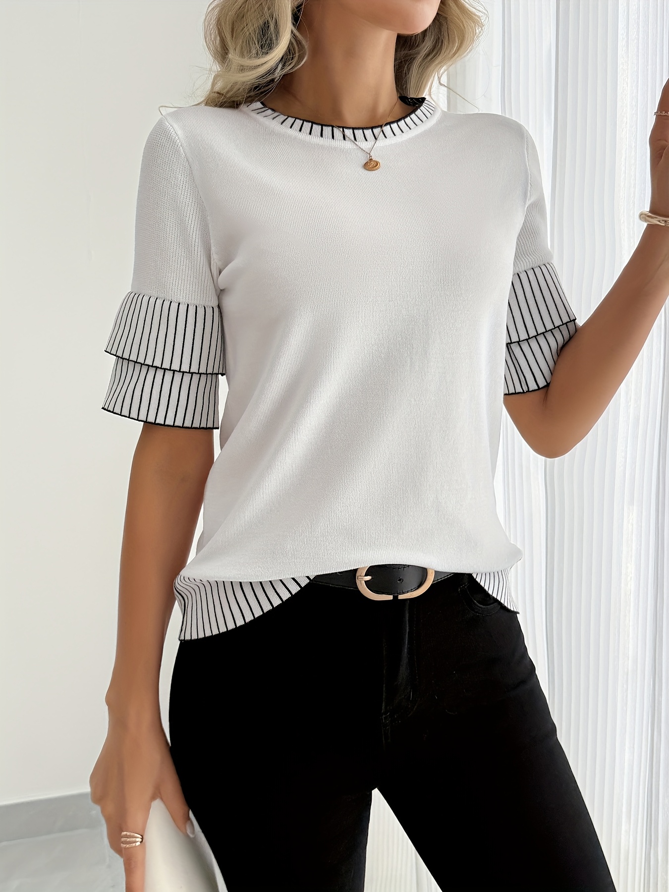 item picture womens casual crew neck color block t shirt jersey blend polyester 30 viscose 70 short sleeve regular     no belt high stretch