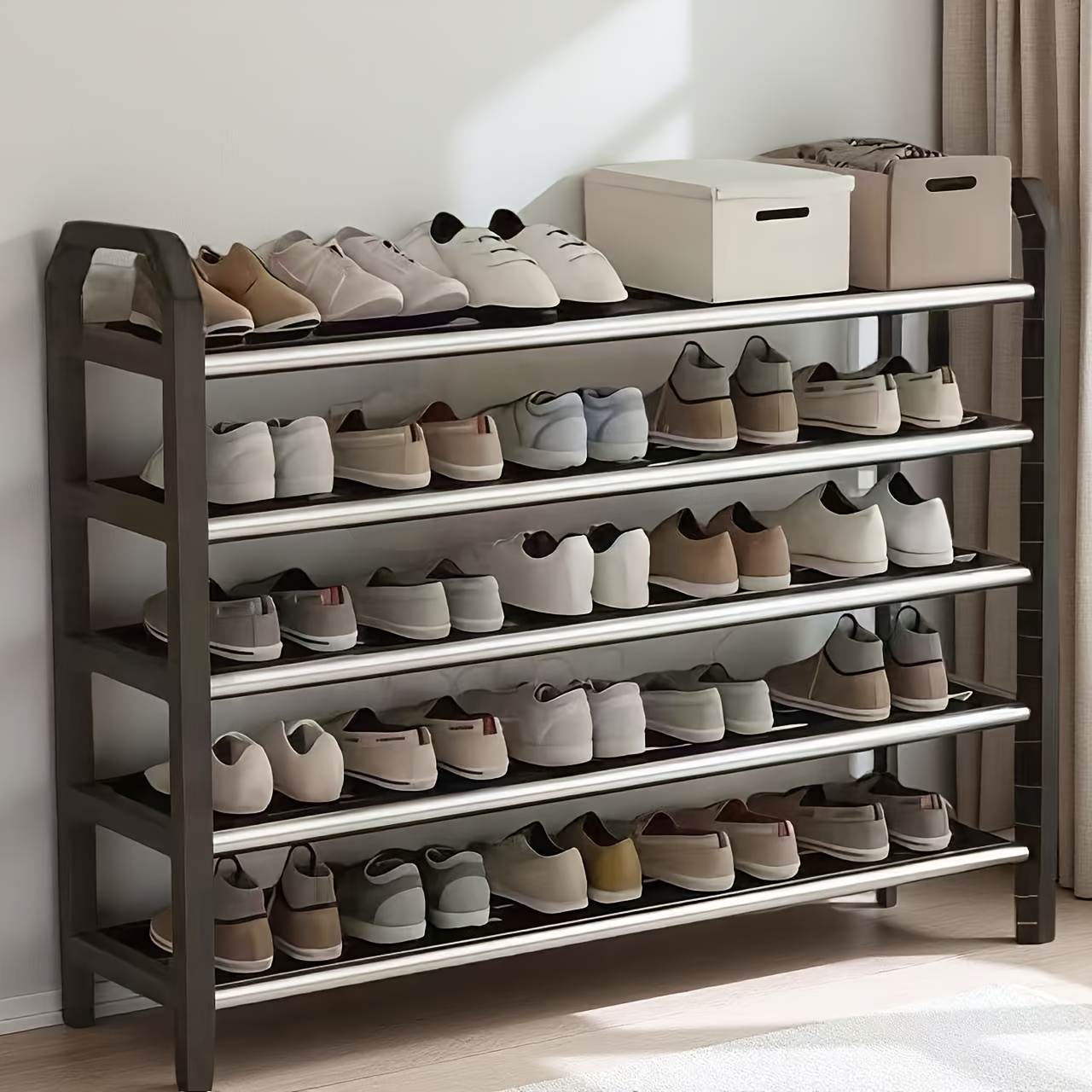 TEMU 5-tier Shoe Rack - Space- High-quality Shoe Organizer. Durable Metal And Plastic Storage Rack, Suitable For Shoes, Boots, Jewelry, And Watches.