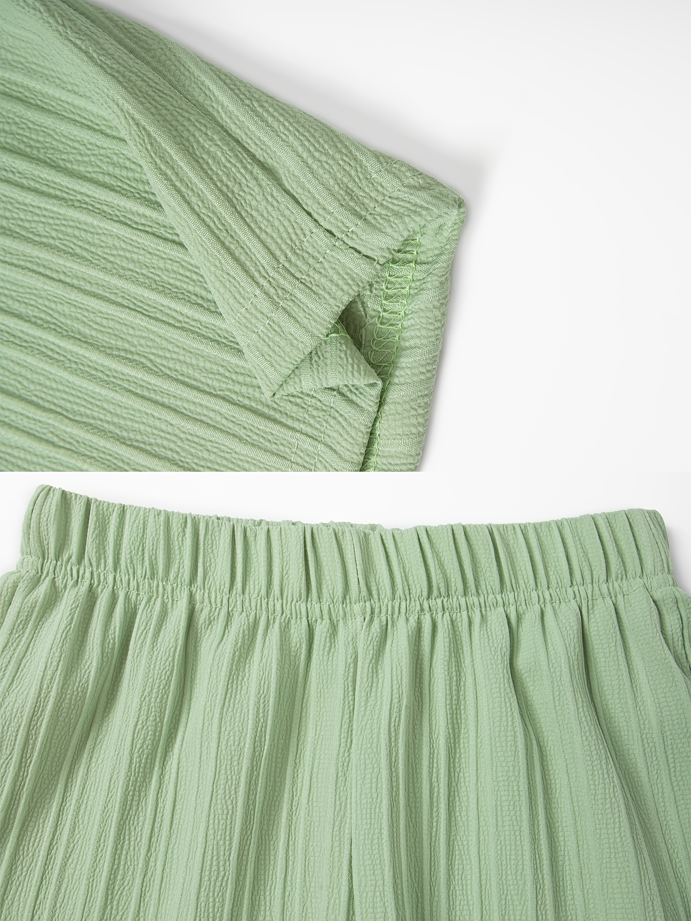 Girls' 4pcs Summer Textured Pleated Shorts Set