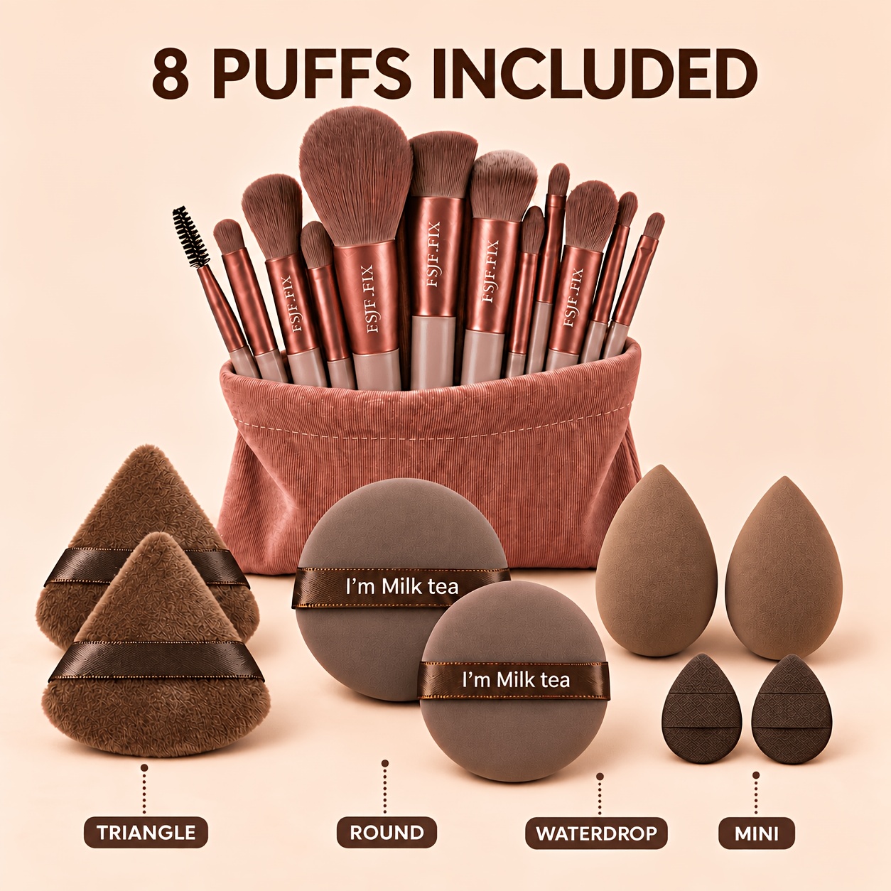 TEMU FSJF FIX Set di pennelli professionali da trucco da donna, 20 pezzi - 12 pennelli morbidi e 8 cuscinetti per trucco. per fondotinta, correttore,