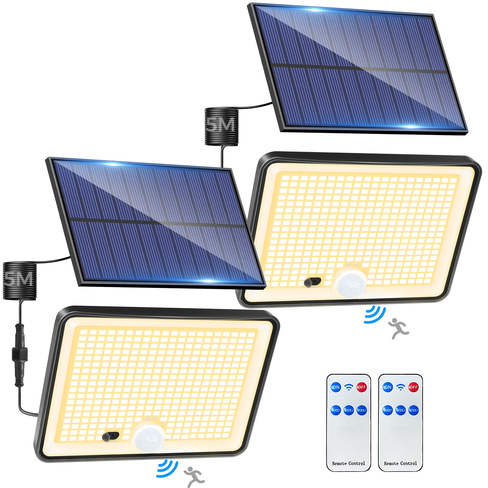 TEMU Lumière solaire extérieure 342 LED, lot de 1/2 muraux solaires avec télécommande, 3 modes, éclairage à détecteur de mouvement pour cour, garage,