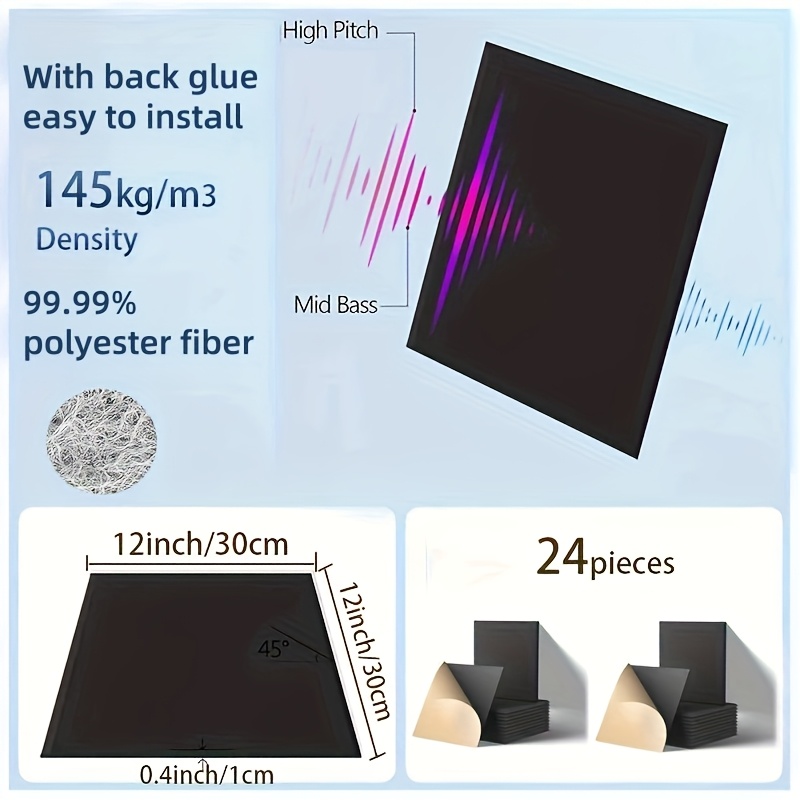 Image of 24pcs, Soundproof Board, , Sound-absorbing Soundproof Board, -absorbing Panel, Soundproof Panel (square, Side Length 12inch, Black)