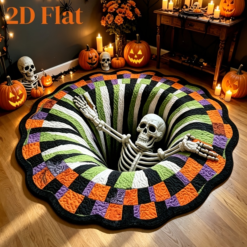 item picture velvet 900g 1pc skull creative pattern living room halloween round carpet 3d visual effect swirl bedroom decor bedside carpet retro color block checkered home sofa plush carpet easter fluffy soft holiday non slip mat