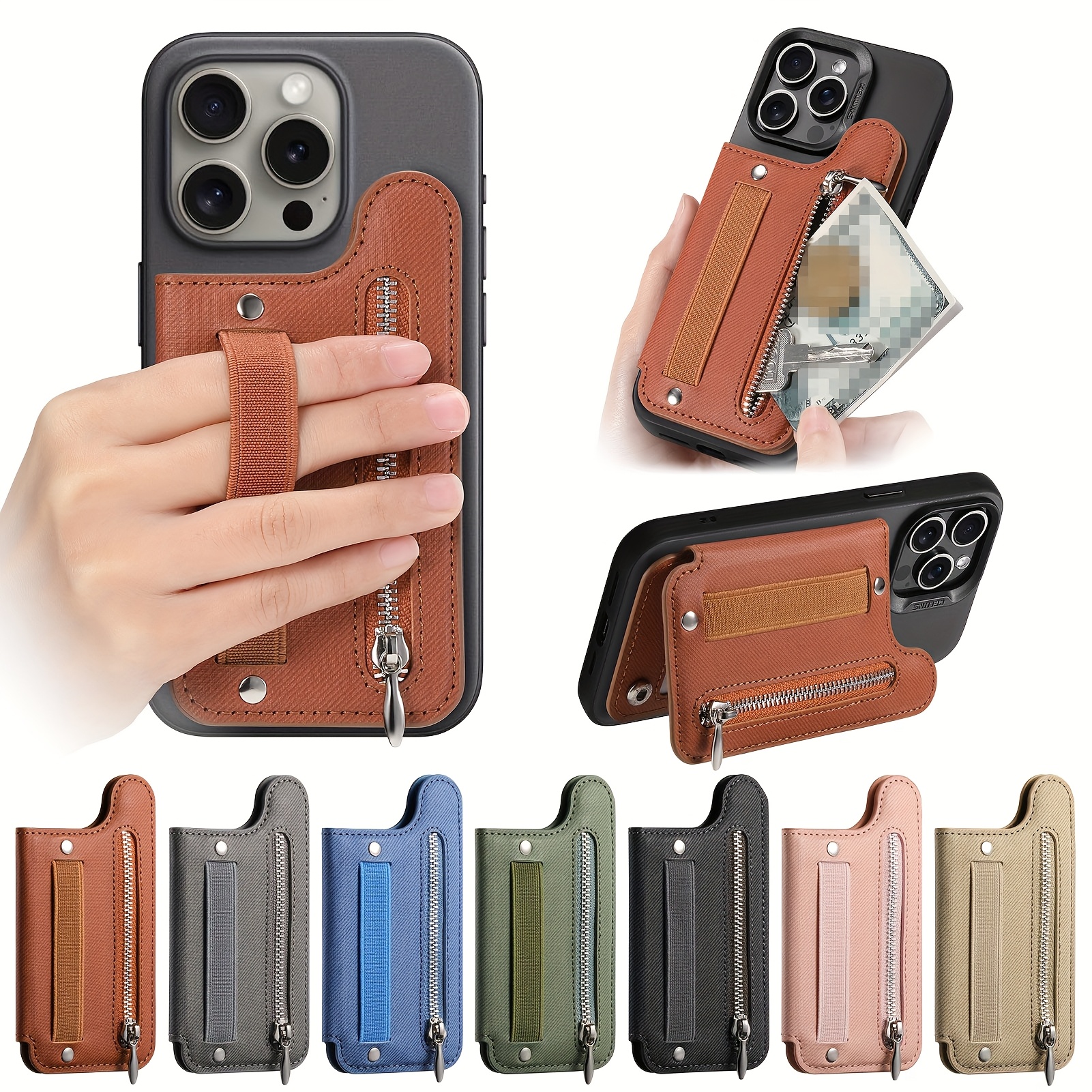 TEMU 1 Flip Card Holder Phone Case With Wrist Strap, Portable Zipper Wallet Design For Multiple Cards And Desktop Stand