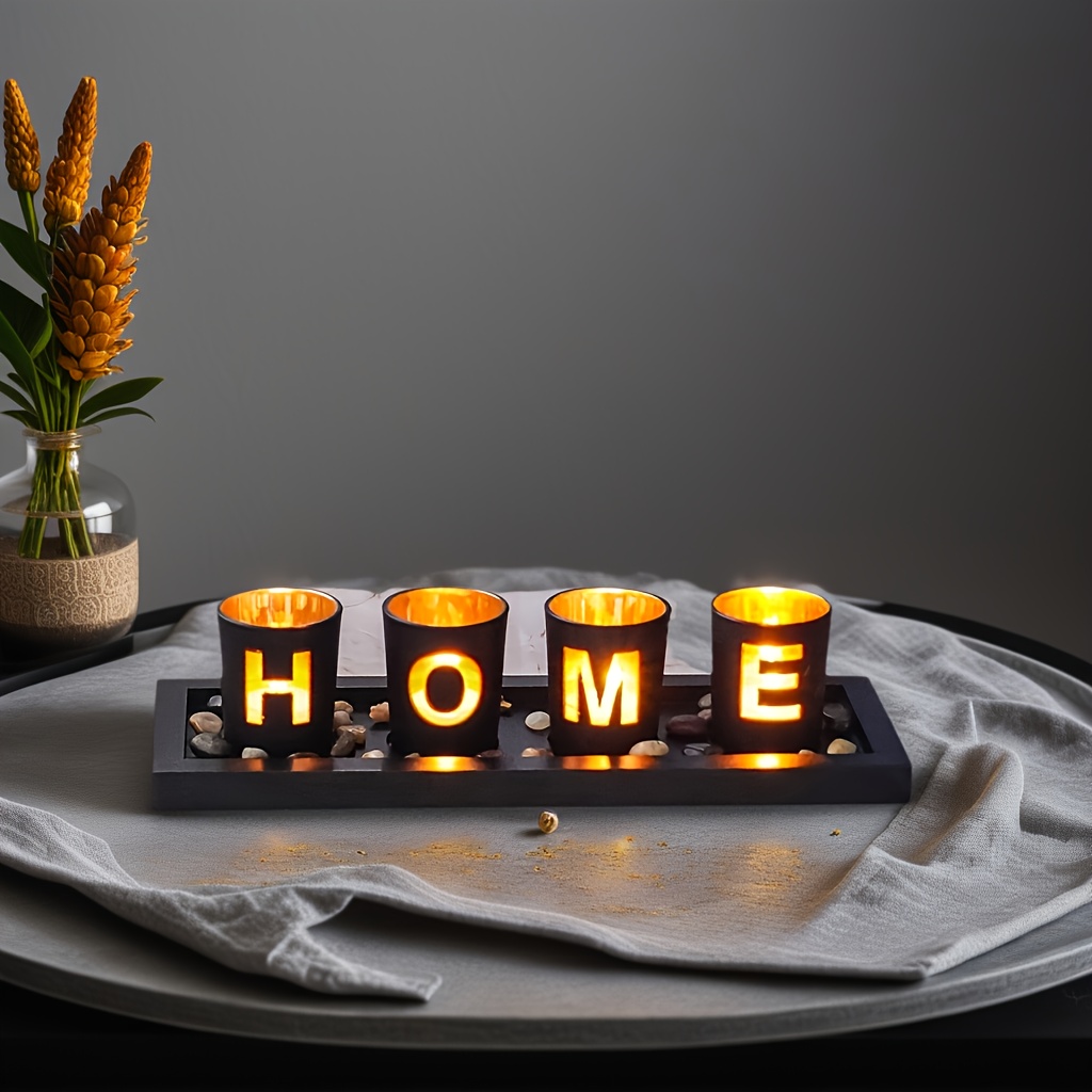 Porte-bougies en verre et bois, ensemble décoratif avec lettres, résistant au vent, pour théières, décoration d'intérieur, cadeau de mariage ou maison