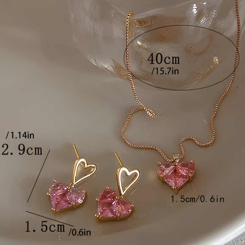 3pcs Shimmering Pink Heart Pendant Earrings And Necklace Set, Trendy Y2K Style, Casual All-Match Jewelry Suitable for Valentine'S Day Women'S Gift