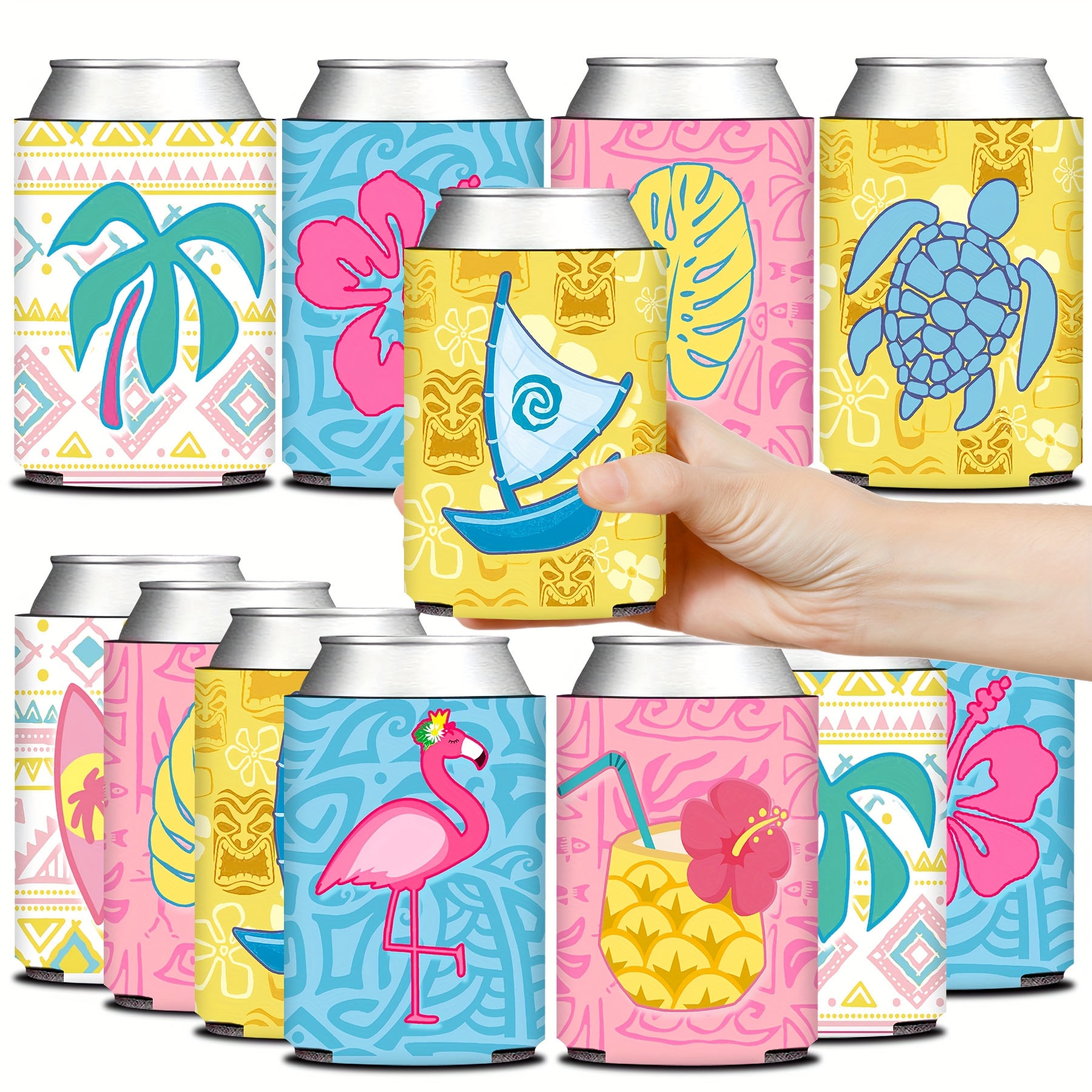 Image of 12pcs Vibrant Tropical Thermal Cooler Can Sleeves - Polynesian With Palm Trees, Flowers, And Ocean Scenes - Summer Party Favors For Birthdays, Weddings, Retirements, And More, Beach Theme Decor