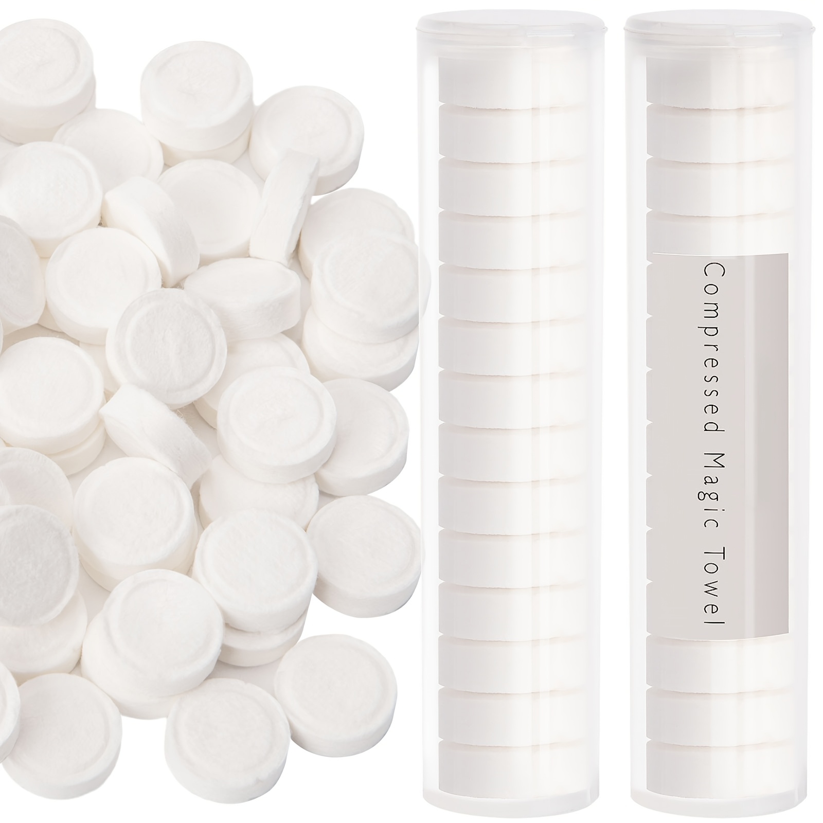 TEMU Compressed Towels, 100pcs Disposable Face Towels For Travel Expandable Wipes Tablets With 2pcs Tube Containers For Survival Gear And Supplies