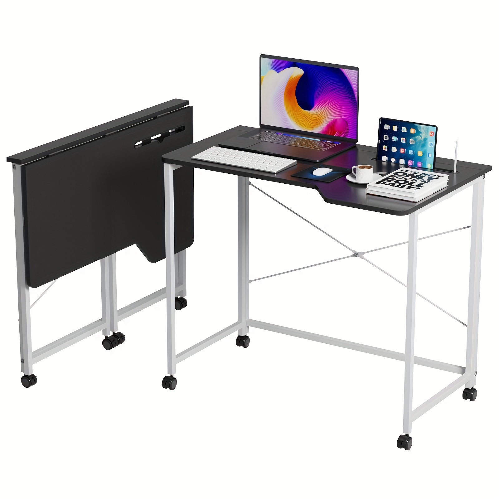 Image of Foldable Desk With Wheels Foldable Computer Table Portable Desks For Study, Home Office, Computer Desk 90*50*75cm Black