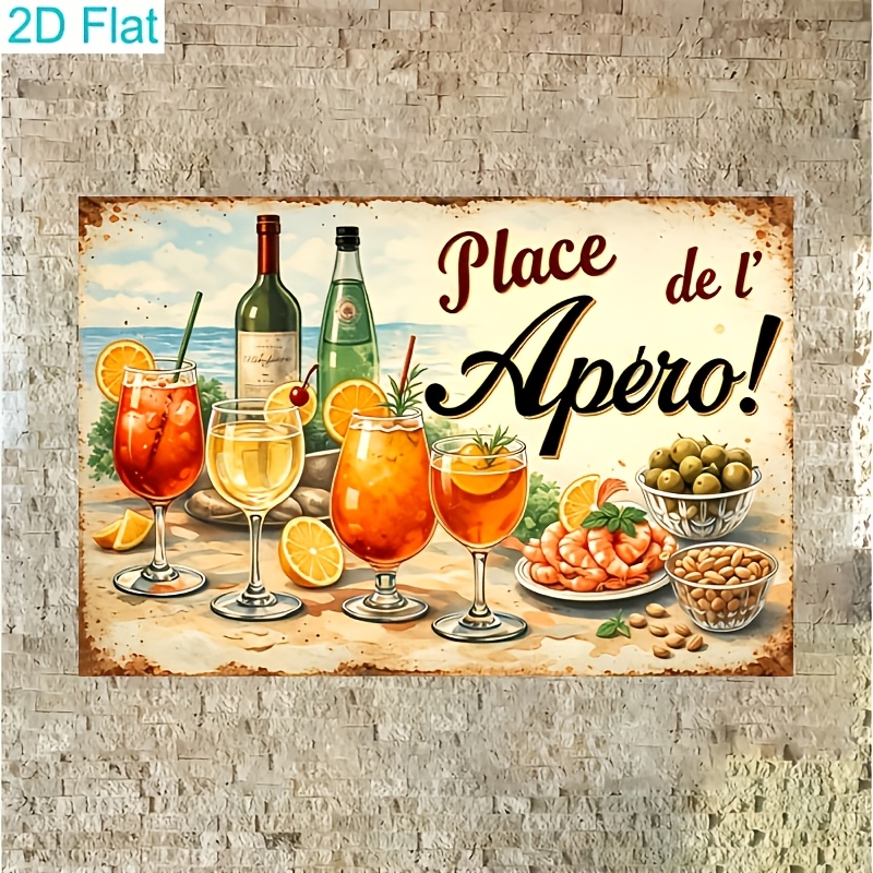 TEMU Plat 2D, 1 pièce, "Place de L' Apéro ! – Un Rassemblement Vibrant de Queues de Cocotte et d'Apéritifs", Panneau en Fer Métallique, Taille