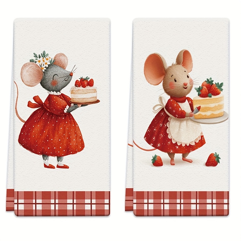 TEMU 2pcs Kitchen Towels, Dishcloths And Scouring Pads, Mouse And Strawberry Pattern Microfiber Absorbent Kitchen Hand Towels, Suitable For , Baking,