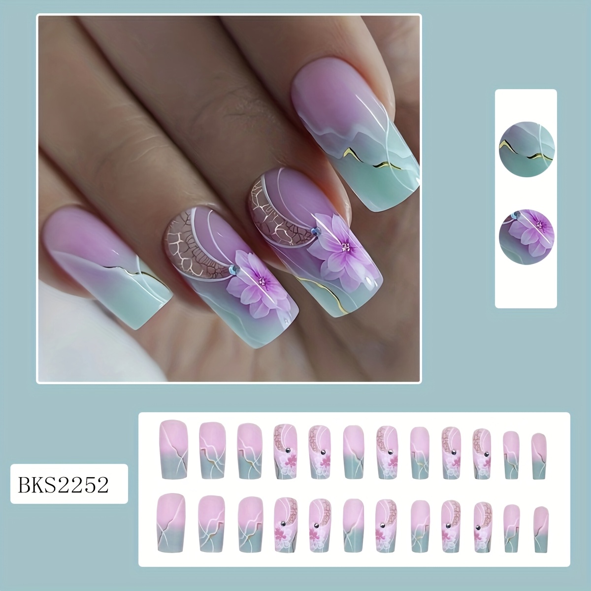 24pcs Square Purple Gradient Print Press-on Wearable Nails European And American Wearable Nail Sheets With Jelly Glue And File, Nail Tech Supplies