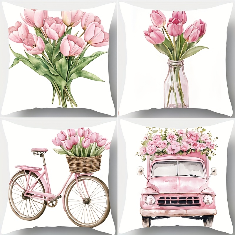 TEMU 4 pièces, imprimés de fleurs et de vélos, chauds et confortables, beaux et pratiques, 17,72 pouces * 17,72 pouces, idéaux pour la décoration de