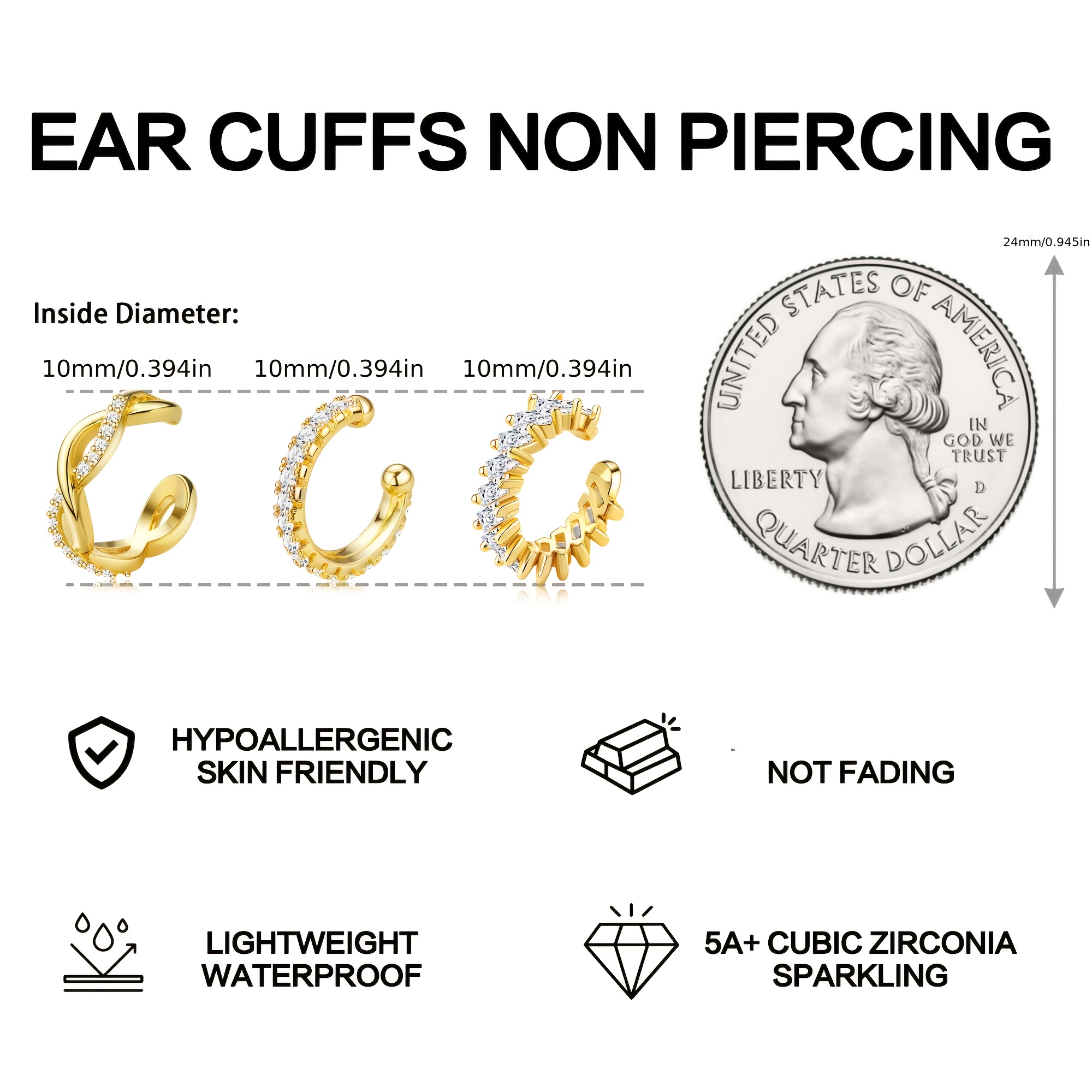 Women's Golden Plated Clip-On Ear Cuffs, Non-Piercing
