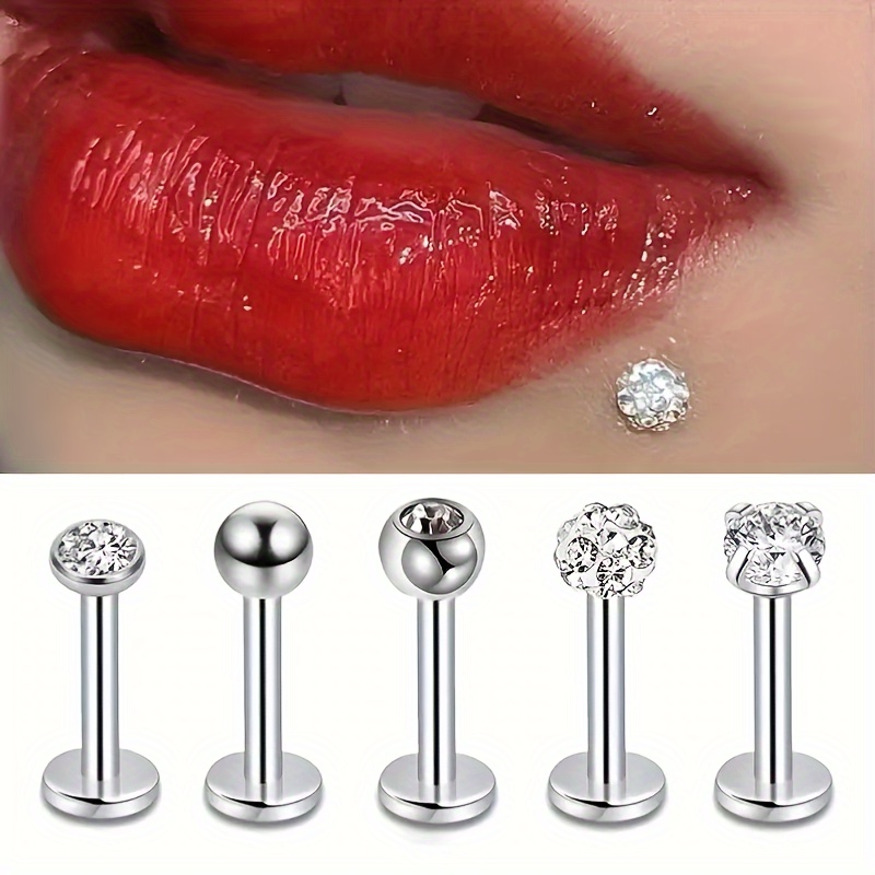 set of 10 stainless steel lip ring ear studs with shiny zirconia inlaid barbell piercing jewelry
