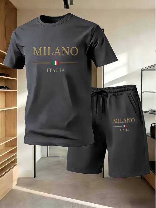 mens crew neck t shirt set with pocket shorts printed with italia quick dry material