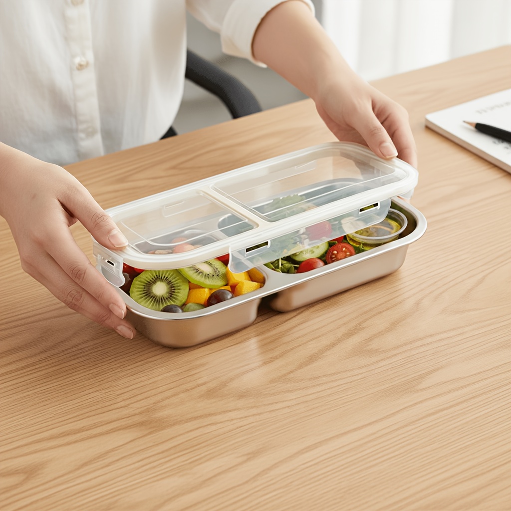 TEMU Lot de 1/2 Boîtes Bento en Acier Inoxydable 304, Boîte à Repas à 2/3 Compartiments avec Couvercle Hermétique, Récipient de Conservation