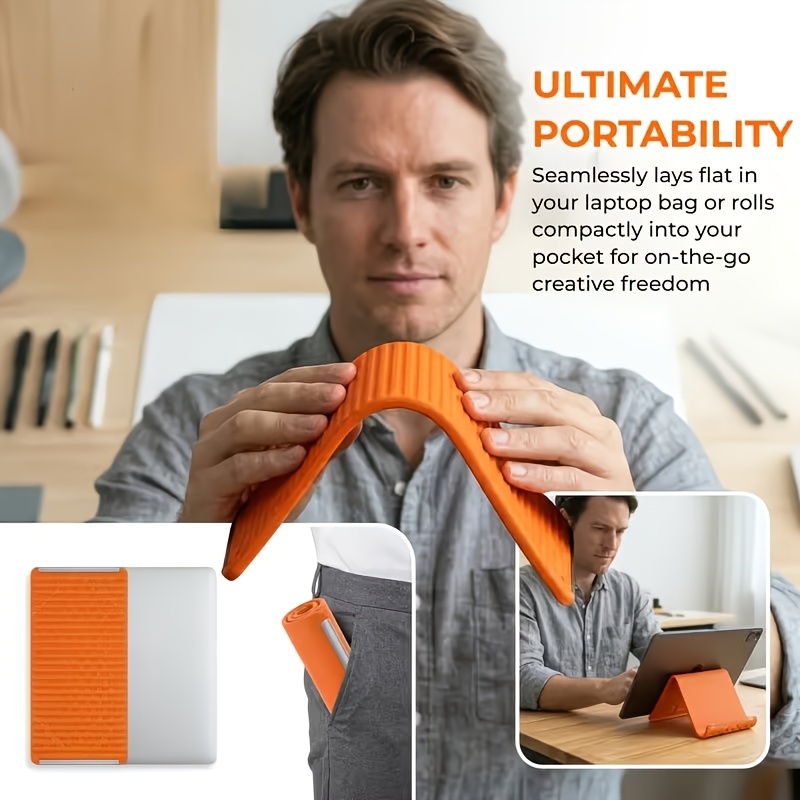 a newly designed foldable stand that   shaped featuring an inner aluminum sheet and silicone material for flexible support and bending it serves multiple purposes perfectly compatible with phones tablets and laptops Product details 4