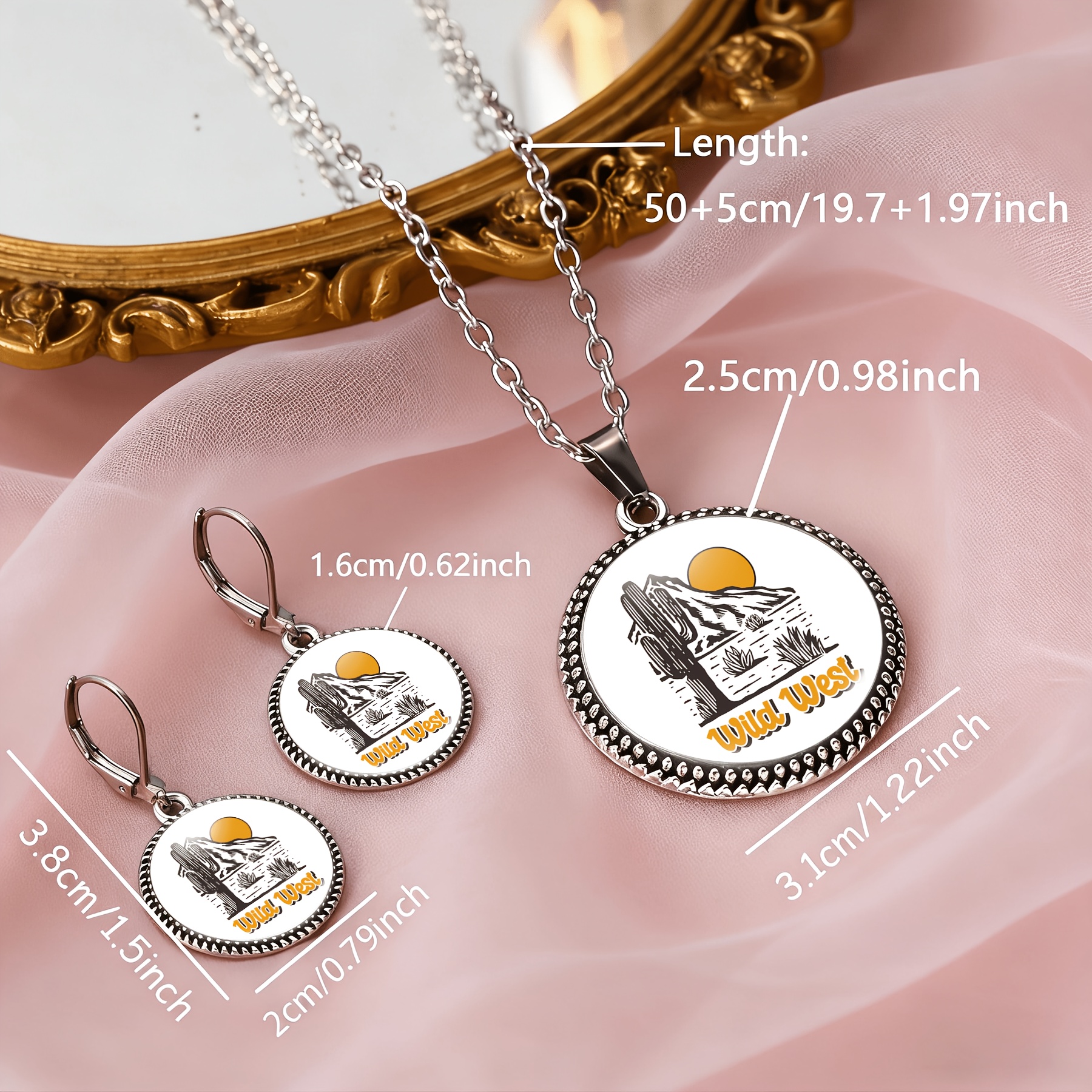 3pc Adventure-Themed Women's Necklace & Earrings Set, Round Glass Design
