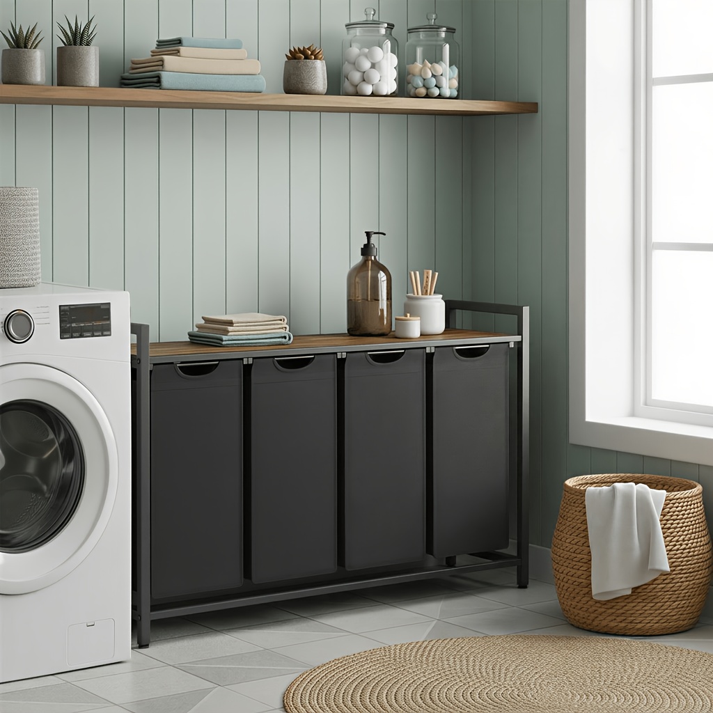 Laundry Basket With 4 Compartments, Laundry Collector With Shelf, , Removable Laundry Bag, Metal Frame, 160l, Laundry Baskets