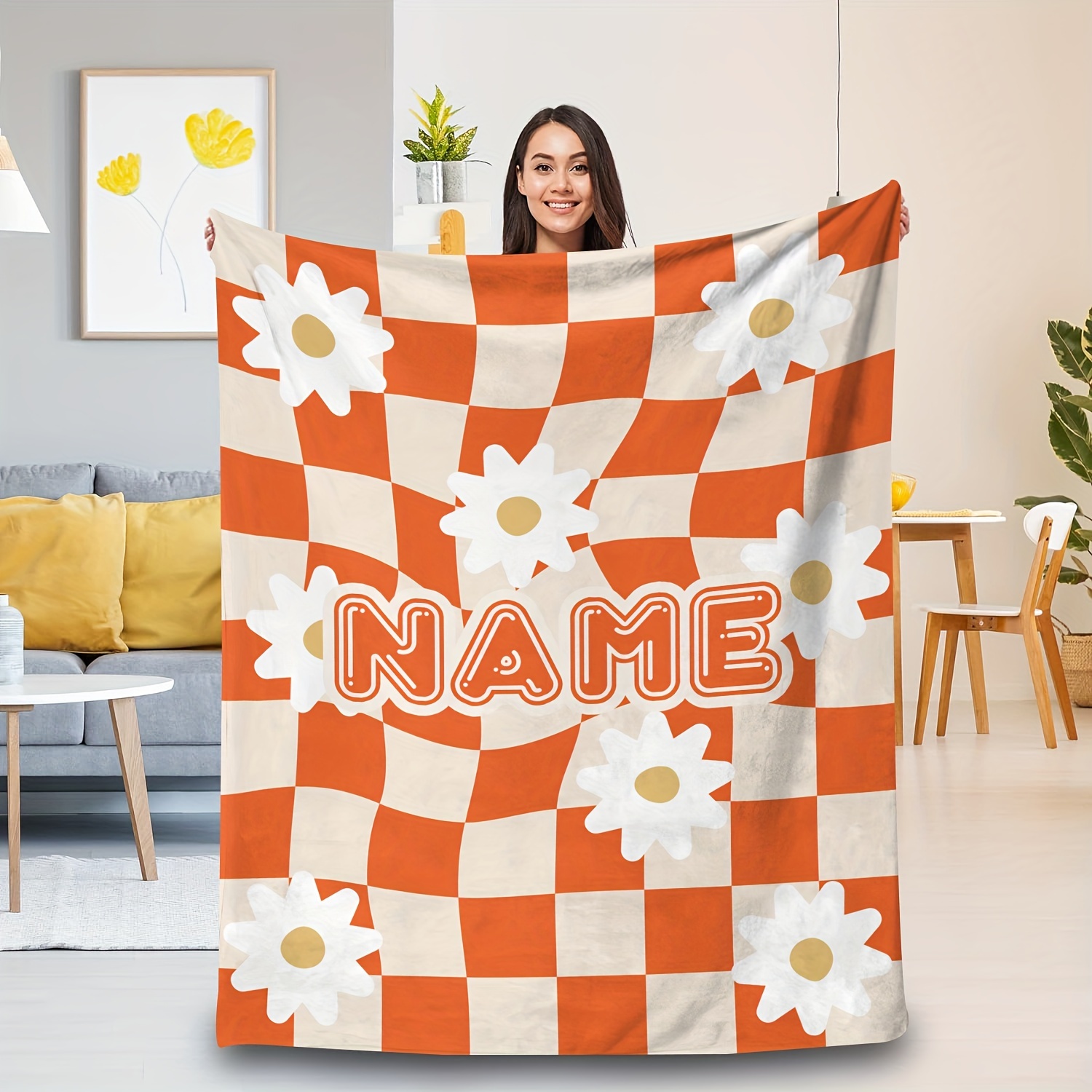 

1pc Custom Name Flannel Blanket Daisy Checkerboard Flower Pattern Summer Colorful Blanket Custom Cozy Bedding Decor