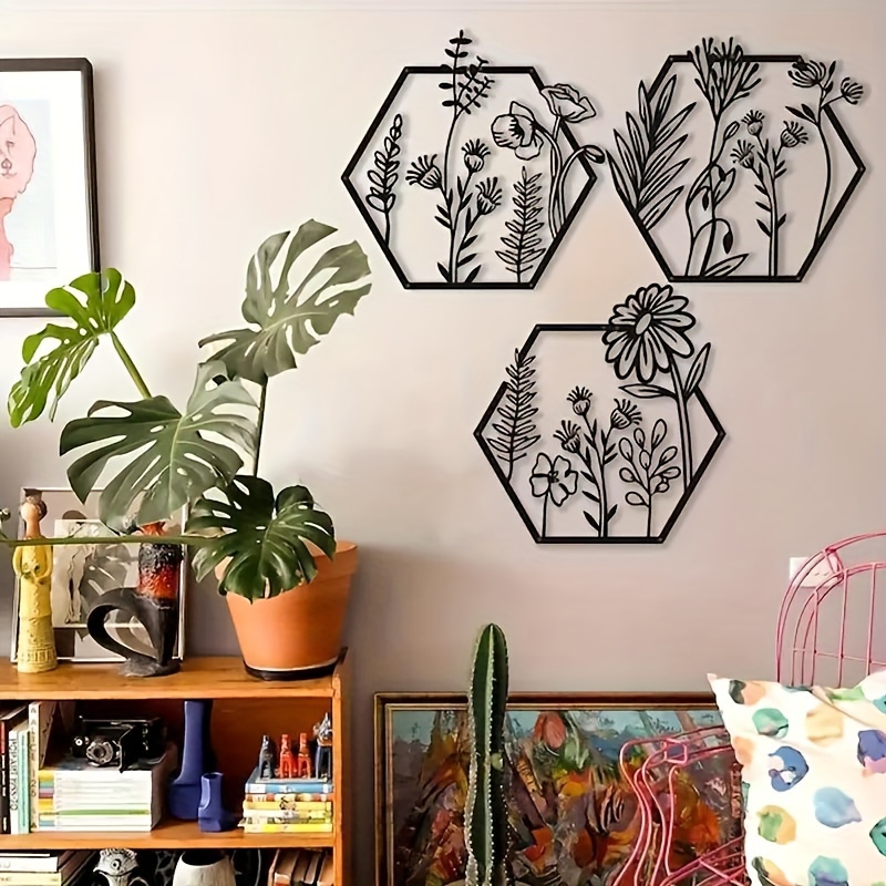 

3pcs, Metal Floral Wall Frame Art, Rustic Hexagon Flower Wall Sculptures, Black Metal Floral Home Decor, Farmhouse Bedroom Wall Hangings, Country Style Home Gift