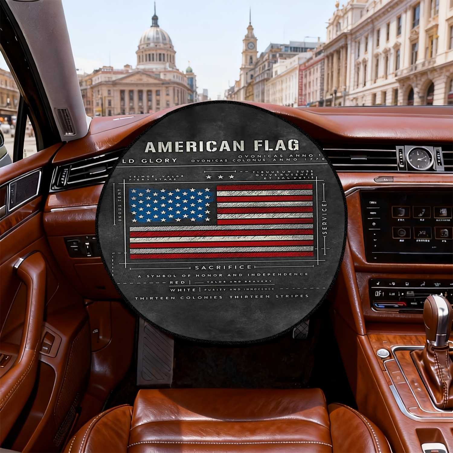 TEMU 1pc American Flag Style 2d Flat Printed Pattern Steering Wheel Sunshade, Car Interior Decoration, Light-blocking, Heat Insulation, And Sun