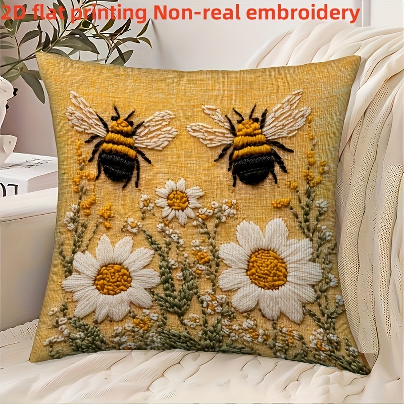 TEMU 2d Flat - 1pc, 2d Flat Printing, Vintage Bee And Chamomile Decorative Pillowcase, 18 X 18 Inches, Single-sided Print, Non-real Embroidery,