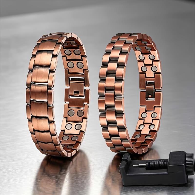 TEMU 2pcs Set Of Men's Pure Copper Magnetic Bracelet And Size Adjustment Tool Set, Adjustable Size, Pure Copper Interlocking Design, Smart , All Day