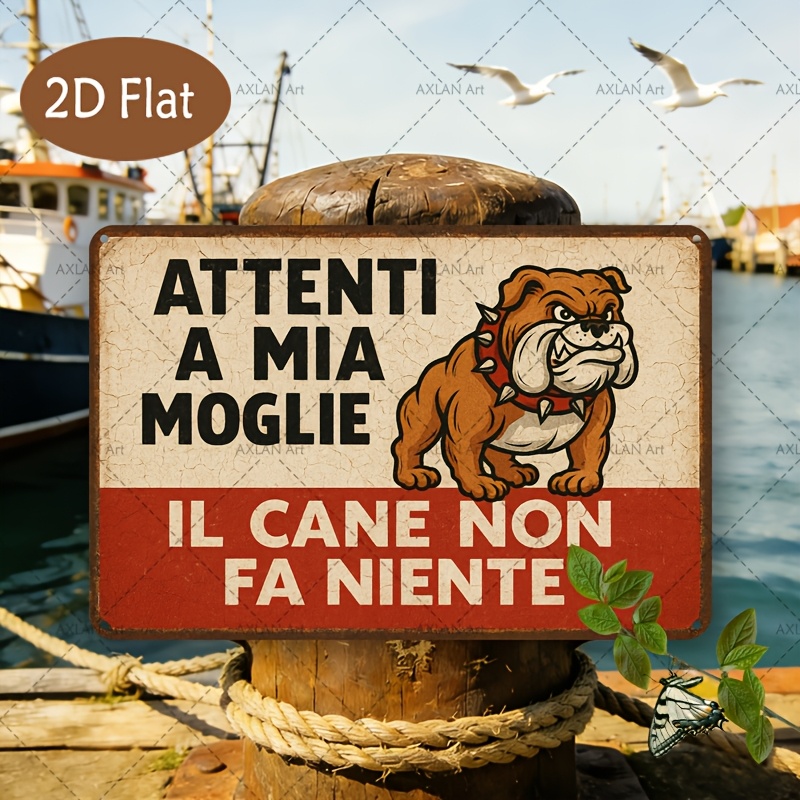 TEMU 2d Flat, Single Piece 20x30cm Wooden Decorative Sign, Featuring A Bulldog Pattern, With Italian Slogan "beware My Wife, Dog Is Gentle", Suitable