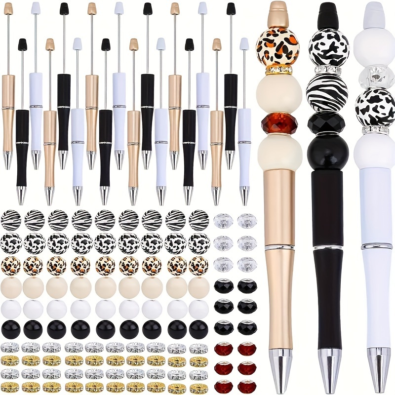 

27pcs Round Ballpoint Pen Set Making Set Includes 3 Pens, 12 Wooden Beads, 6 Large Hole Beads, 6 Spacer Beads, Office And School Personalized Craft Supplies, Ballpoint Pen, Leopard Print Bead Pen