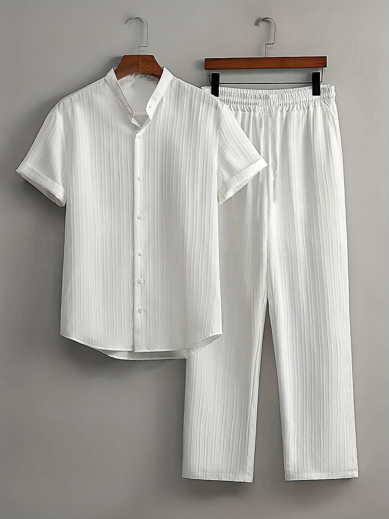 Men's Summer, Fashionable Wave Pattern Simple Casual Short Sleeve Shirt and Plain Trousers Set
