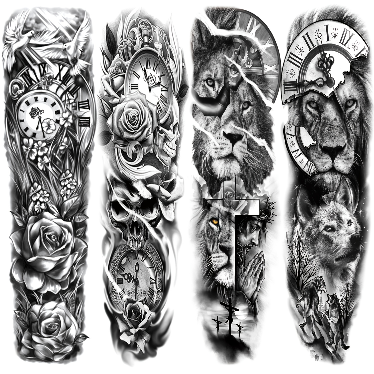 FTVL Temporary Tattoo Sheets - Large Full Arm Sleeve Designs with Lion, Rose, Clock, Gothic, Black and White Tattoo Art - Waterproof Long-Lasting   Tattoo Stickers for   - Easy Application for Parties, Events, Casual Attire - Arm & Leg Body Art - Realistic Sleeve Looks - 4 Sheets Included (No Permanent Damage) - Ideal for Themed Events & Everyday Use -   Brand - Intricate Lion, Rose & Clock Patterns, Party Accessories, Event Decorations, Durable Material,